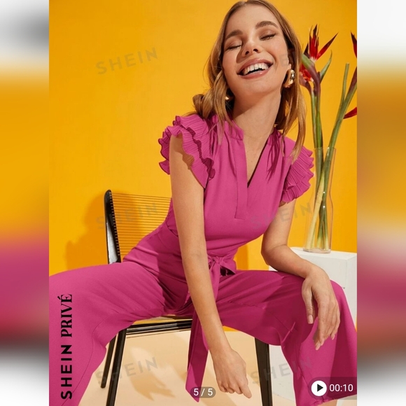 Shein Prive Layered Pleated Sleeve Belted Jumpsuit. Size XL. Color: Pink - Picture 14 of 16